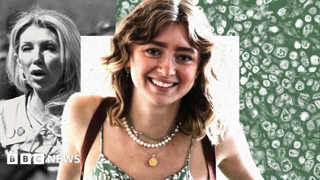 A composite image showing with Paloma Shemirani in the centre, a young woman with a big, bright smile and fair curly hair tumbling to her shoulders, wearing a strappy floral top in green and white and several necklaces. In the background are an image of her mother, Kate Shemirani, at a Covid-19 protest and non-Hodgkin lymphoma cells under the microscope.