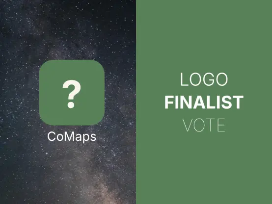 Left side is a starry night sky, and an icon with a question mark and "CoMaps" below it. On the right side is CoMaps olive green, with text "Logo finalist vote".