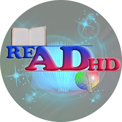 The words Read and ADHD written with the letters A and D connecting them. A book appears above the word Read; a colorful illustration of a brain appears under the word ADHD.