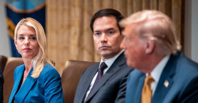 Attorney General Pam Bondi with President Donald J. Trump during a cabinet meeting at the White House earlier this month.