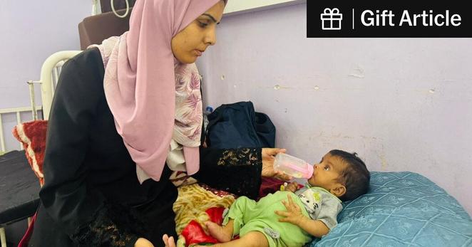 Hanin Barghouth with her 3-month-old daughter, Salam, at Al-Aqsa Martyrs Hospital in central Gaza this week. At birth, her doctor said, Salam weighed roughly 6.6 pounds, and three months later, she weighs only 8.8 pounds — at least three pounds underweight.