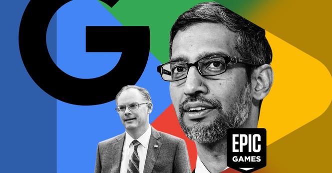 Photo illustration of Sundar Pichai and Tim Sweeney with the Google logo, Google Play logo, and the Epic Games logo.