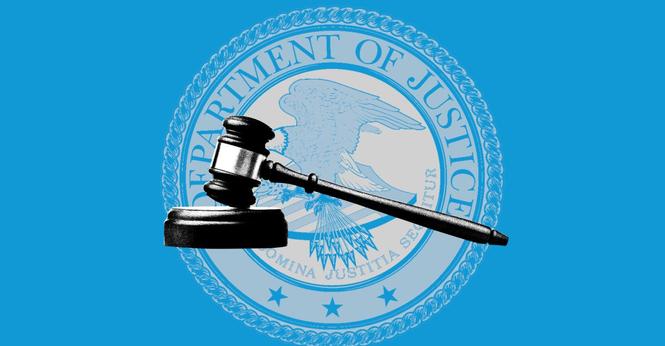 The gavel in front of the DOJ seal.