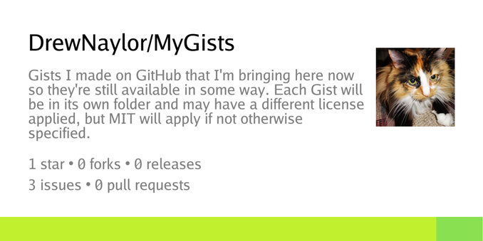 Summary card of repository DrewNaylor/MyGists