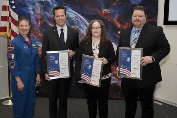 From left to right, Astronaut Tracy Dyson, Jeremy Shidner, Sara R. Wilson, and Christopher Broadaway pose for a photo after the 2025 Silver Snoopy Awards ceremony.