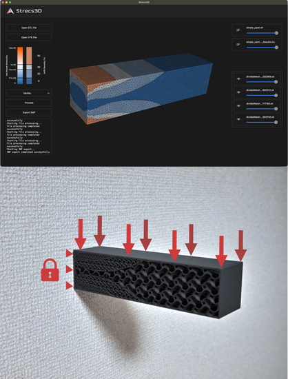 Two screenshots. Both show a rectangle shaped 3D object meant to be mounted on its left side. The top screenshot shows a color mapping of areas in the 3D model under stress. The other screenshot shows the model printed and attached to a wall showing the infill with arrows denoting stress points. Comparing the two images shows the relation between the model color mapping and the print's actual infill.