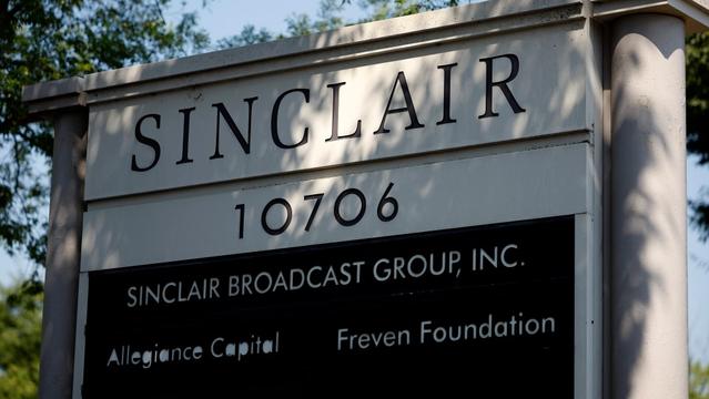 COCKEYSVILLE, MARYLAND - JULY 17: The sign for Sinclair Broadcast Group, Inc. is seen near their headquarters on July 17, 2024 in Cockeysville, Maryland. Sinclair is the second-largest television station operator in the U.S., with 193 stations across the country in over 100 markets. (Photo by Kevin Dietsch/Getty Images)