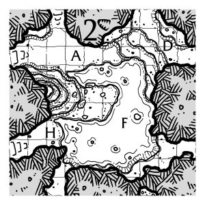 A sample cavern geomorph with letters used to key various areas on the design.