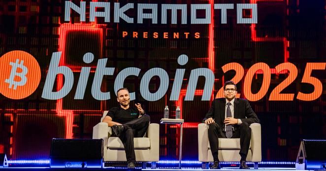 Brandon Lutnick, the chairman of Cantor Fitzgerald, right, in a discussion with Paolo Ardoino, the chief executive of Tether, at Bitcoin 2025 in Las Vegas in May.