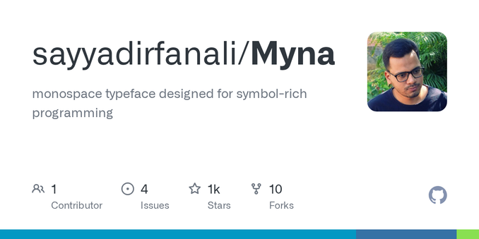 monospace typeface designed for symbol-rich programming - sayyadirfanali/Myna monospace typeface designed for symbol-rich programming - sayyadirfanali/Myna