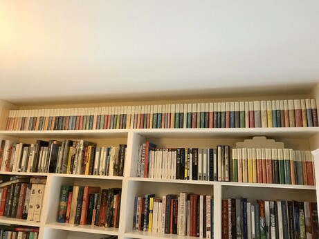 Bookshelves with the top shelf containing only works by Wodehouse. 