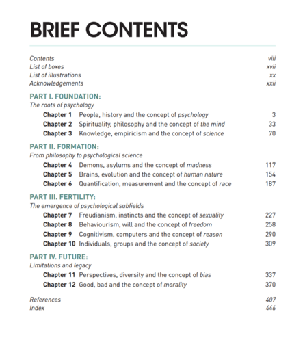 Table of Contents for 'A Conceptual History of Psychology' covering twelve key concepts: Psychology; The Mind; Science; Madness; Human Nature; Race; Sexuality; Freedom; Reason; Society; Bias; and Morality