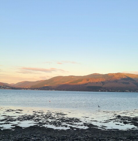 The Mountains of Mourne, orange glow over Irish mountains. Lough in foreground with heron flying.