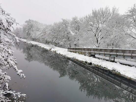 A straight section of river viewed from a bridge. There is snow on the ground and in the trees that line the bank. The water is dark with reflections of the trees. The image appears almost monochrome. 