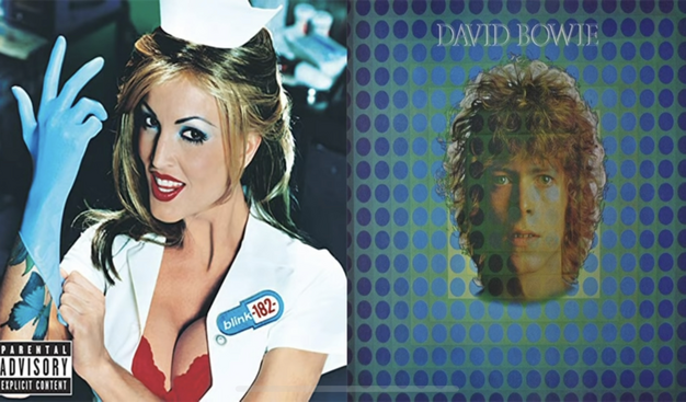 Nurse puts in blue gloves on left, David Bowie mug shot on right 