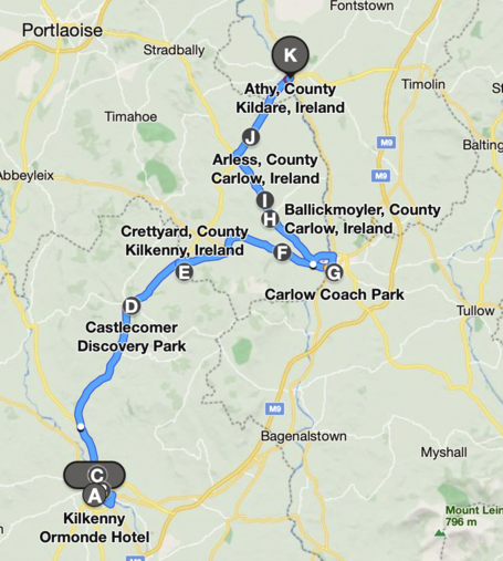 Map of new bus service from Kilkenny to Athy.