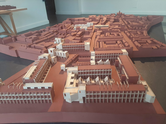 Photo of model of a dense urban neighbourhood. Existing buildings in red card and new additions in balsa wood.