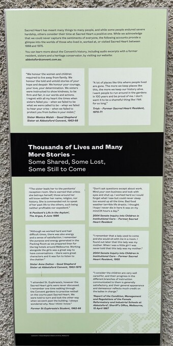 Information board with extracts of stories from women who lived in Abbotsford, expressing a range of memories from their time there