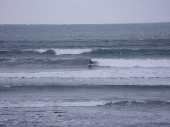 Surfer riding a solid 4ft wave in front of the shop