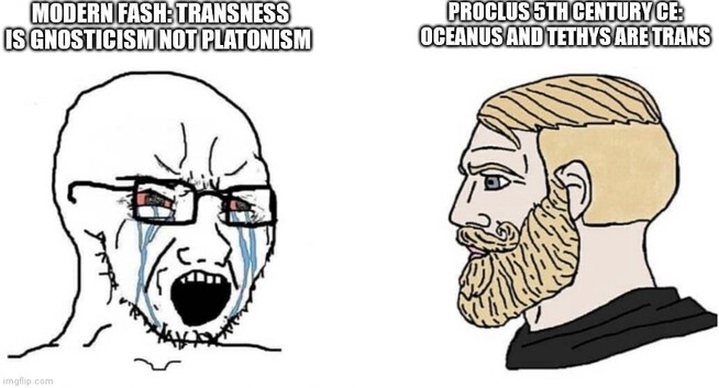 Crying wojack vs Chad meme

Crying wojack text on left titled "Modern Fash: Transness is Gnosticism not Platonism" while bearded Chad to right of meme has text "Proclus 5th Century CE: Oceanus and Tethys are trans" 