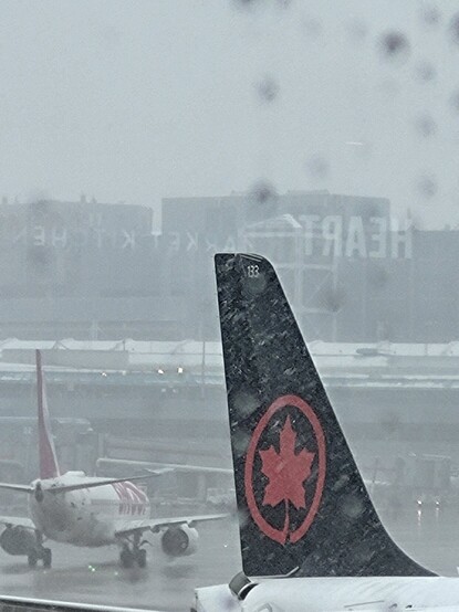 Air Canada jetplane tail showing a maple leaf logo, snow and icy conditions in background
