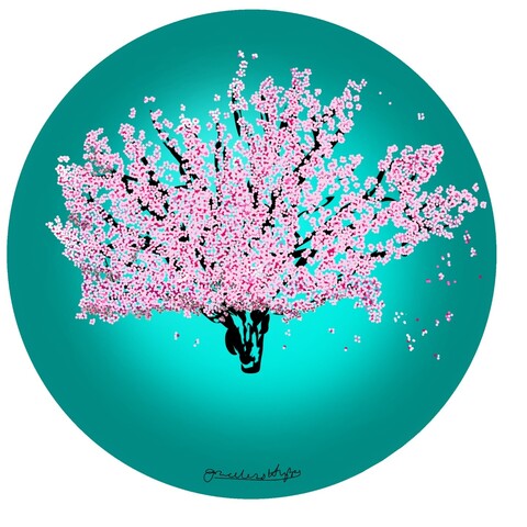 A cherry tree completely created from my imagination. With a cyan disc behind it the pink cherry blossom filled tree is losing its blossom to the wind. Copyright @GracelessHippo 