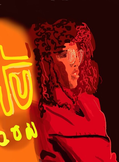 The red woman is a digital study in neon light. A woman standing next to a street light has vibrant red lighting and neon city lights bathing her. Copyright @GracelessHippo 
