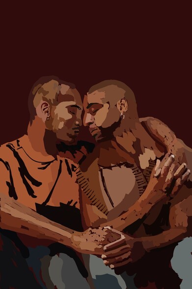 The lovers. A same sex, male couple lock in a loving head to head embrace. Their jeaned legs touching. Their expression speaks of challenges faced and yet to overcome.

Love is love.

Copyright @GracelessHippo 