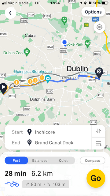 Another screenshot, this time showing a 6 kilometre cycling route from Inchicore to Grand Canal Dock, with the dodgy sections highlighted. There are, again, a lot of dodgy sections. 