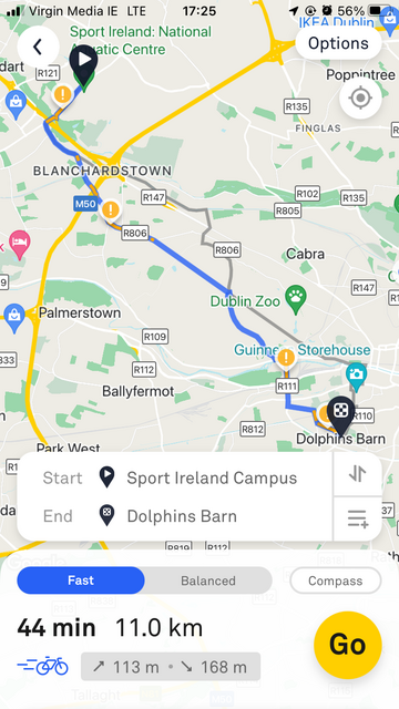 A final screenshot, showing an 11 kilometre cycling route from Blanchardstown to Dolphin's Barn, again with dodgy sections highlighted. Curiously, there are not so many dodgy sections this time. But I'm sceptical of that.