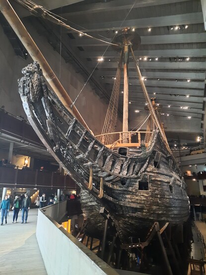 Vasa ship at the Vasa Museum at Stockholm, Sweden. The front features a wood sculpture of a lion. 
