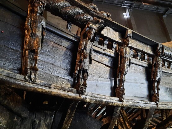 Vasa ship at the Vasa Museum at Stockholm, Sweden. Soldier wooden carvings along the side of the ship. 