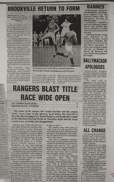 Clipping from "The Leader" report of incident between Brookville United and Ballymacash Rangers 