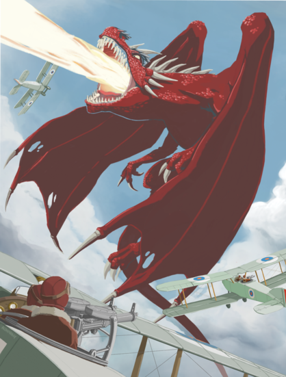 A giant red dragon unleashes a white hot jet of flame.  A biplane bearing rondels jinks to the side avoiding incineration.

Two more biplanes close in on the beast complete with tail gunners and flying helmets.  The sky is bright blue with banks of fluffy white clouds.