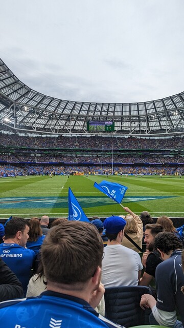 The pitch at lansdowne road just before Leinster vs La Rochelle starts, taken from the west corner of the north stand.