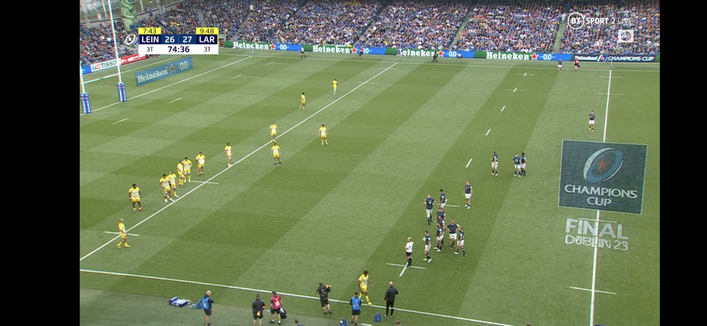 Ross Byrne lines up a penalty kick to the corner on the 5m line in from the left touch line and close to half way in Lansdowne Road. Leinster v La Rochelle. European final.
