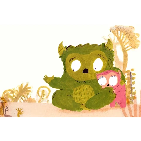 Close up of a different part of the same illustration. A big olive green monster (Mama) and a smaller pink child monster (Berry) look on with concerned expressions. Mama is sitting on the ground and Berry peers over her knee. Soft muted plants are in the background in oranges and browns.