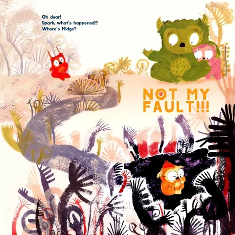 The whole illustration showing all the previous parts. Spark is top left, Mama and Berry are top right, and down below in the thicket of angry expressive dark purple bushes is Midge, having a tantrum.