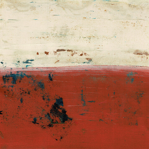 A square work, the top half in buff white, the bottom in brick red, with plenty of "old wall" texture in blues and browns.