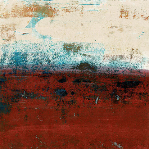 A square work, the top half in buff white, the bottom in brick red, with plenty of "old wall" texture in blues and browns.
