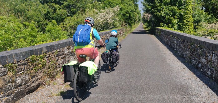 Another pic of 7 year old Conan crossing a bridge with a member of his support crew, cycling his way from Cork to Dublin. 