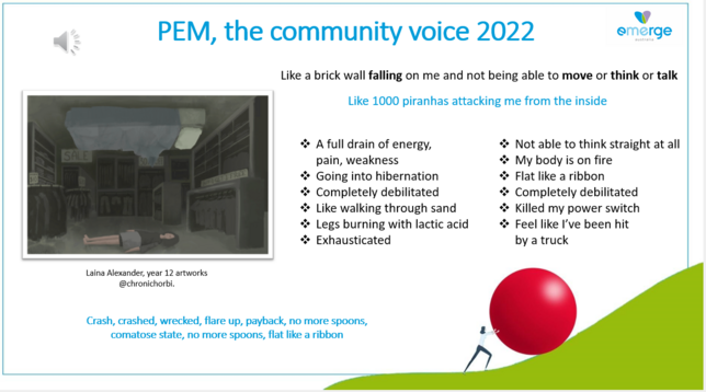 PEM, the community voice 2022

Like a brick wall falling on me and not being able to move or think or talk

< A full drain of energy, 

< Not able to think straight at all pain, weakness 

< My body is on fire 

< Going into hibernation 

< Flat like a ribbon 

< Completely debilitated 

< Completely debilitated 

< Like walking through sand 

< Killed my power switch 

< Legs burning with lactic acid 

< Feel like I've been hit by a truck

< Exhausticated  

Laina Alexander, year 12 artworks @chronichorbi. 

Crash, crashed, wrecked, flare up, payback, no more spoons, 
comatose state, no more spoons, flat like a ribbon 