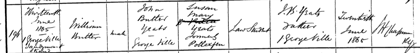 WB Yeats birth registration 1865