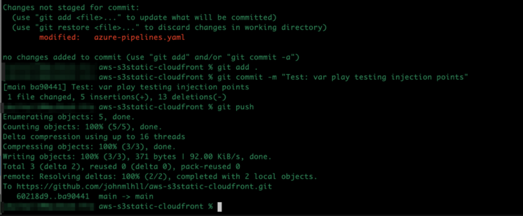 Command line processing of local to remote GitHub repo blackbox testing updates to run the the CICD pipeline for a demo project deploying AWS S3 and CloudFront to AWS from Azure Devops