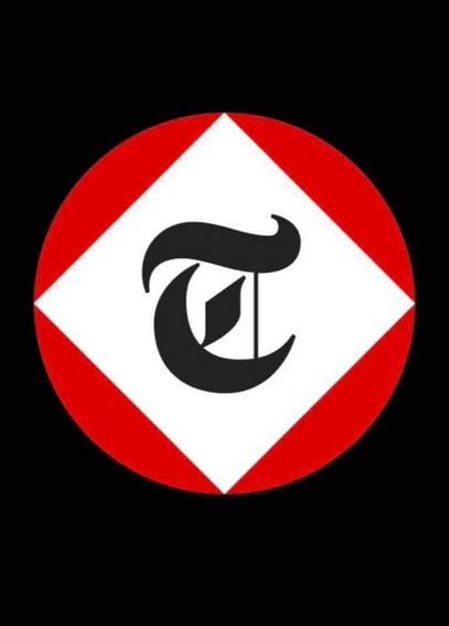 A copy of the Telegraph's breaking news logo. It depicts the letter T in Gothic script inside a white square rotated 25 degrees. That itself is inside a red circle. It is very reminiscent of Nazi imagery. 