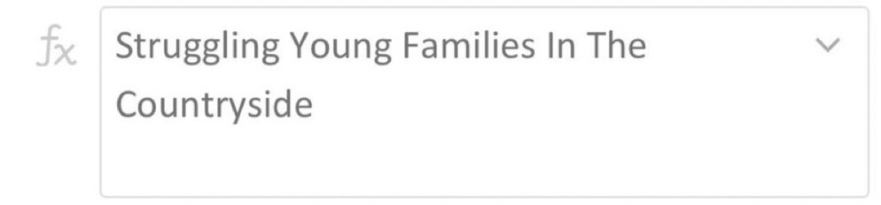 Screenshot of excel field containing the data “Struggling Young Families In The Countryside”