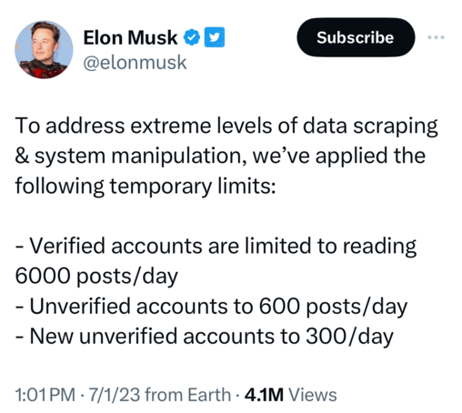 Tweet from Elon Musk

To address extreme levels of data scraping & system manipulation, we've applied the following temporary limits:

- Verified accounts are limited to reading 6000 posts/day
- Unverified accounts to 600 posts/day
- New unverified accounts to 300/day