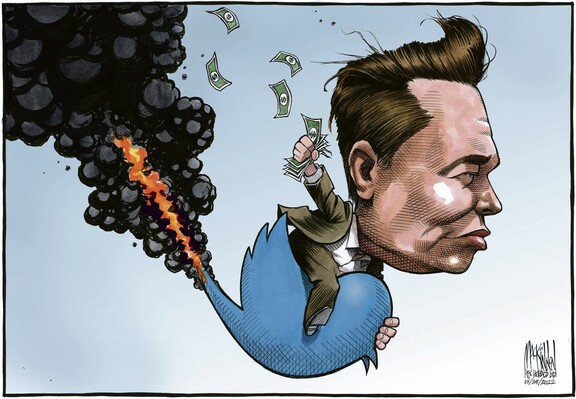 Cartoon: Elon Musk riding a burning Twitter bird downwards living a trail of cash in his trail - Bruce MacKinnon