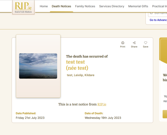 A death notice on the RIP.ie website for an individual named Test Test (neé Test) of Leixlip, Kildare. The date of death is given as Wednesday 19th July.