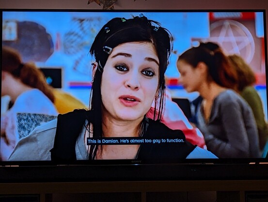 Lizzy Caplan in Mean Girls saying, “This is Damian. He's almost too gay to function.“